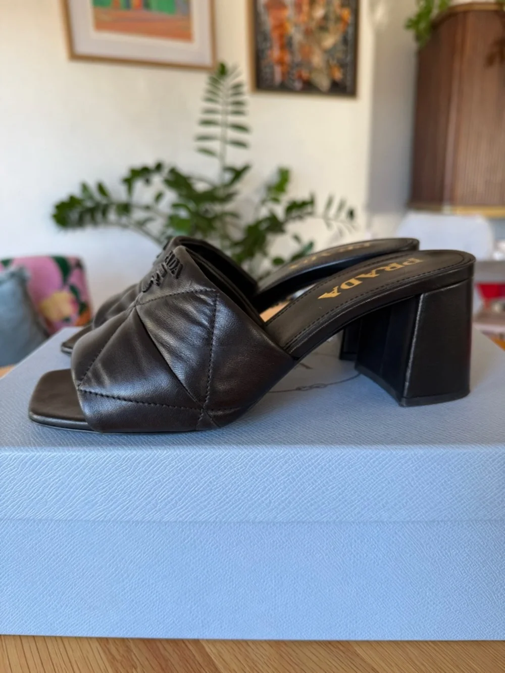 Prada Black Quilted Leather Square-Toe Heel Mules - Picture 5 of 11